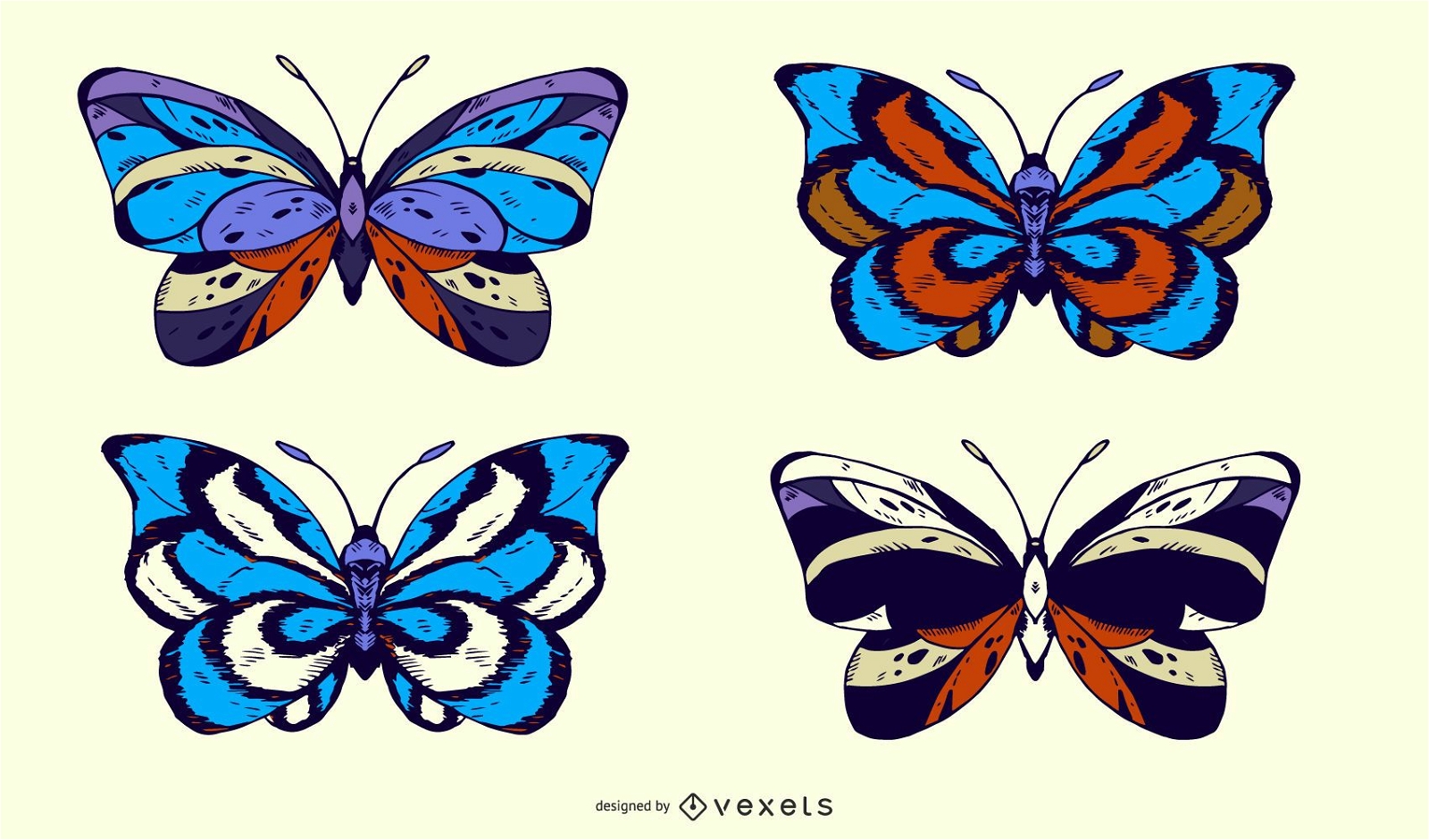 Conjunto de ilustra??o de borboletas azuis