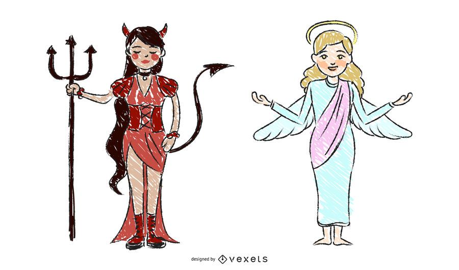 Handdrawn Line Draft Diabo E O Anjo Vector Handdrawn Line Draft Diabo E O Anjo Vector