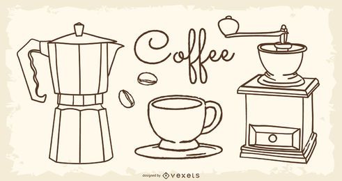 Elementos de línea de borrador de café 02 Vector