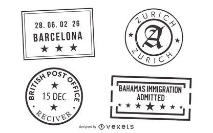 Conjunto de selo de passaporte e carimbo postal