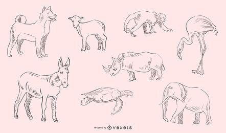 Coleção de animais desenhados à mão