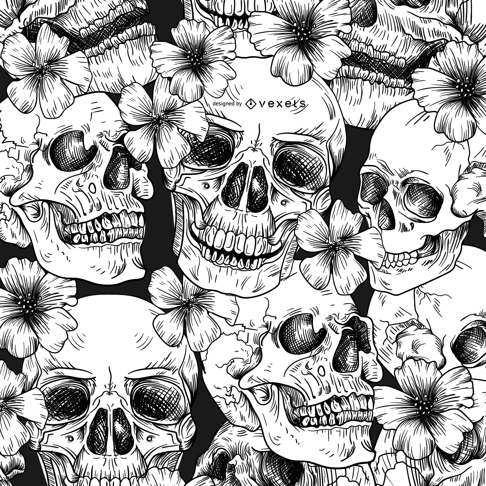 Nahtloses Muster mit Schädeln und Blumen