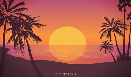 Desenho de ilustração do pôr do sol tropical