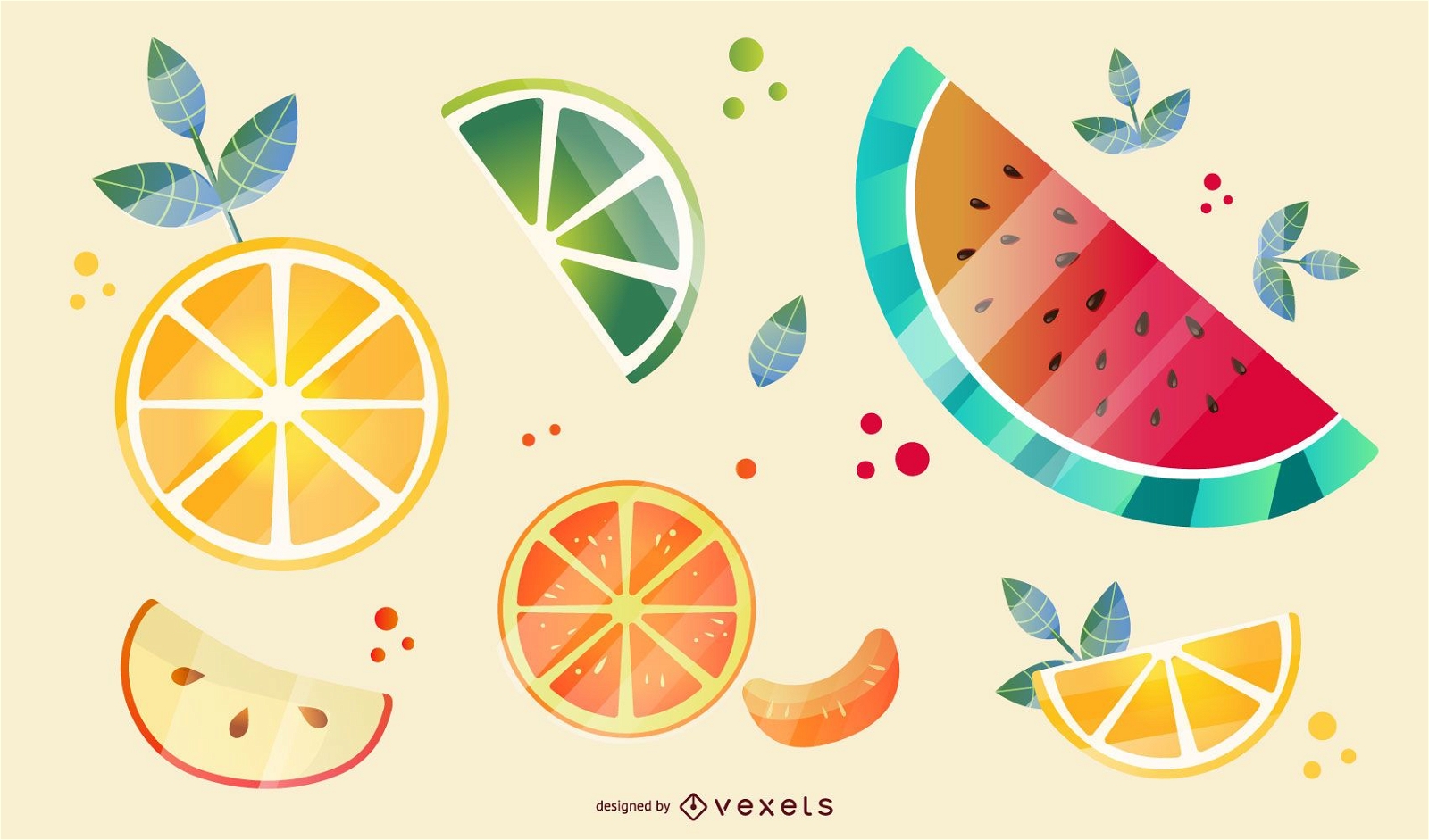 Conjunto de ilustración de rodajas de fruta brillante