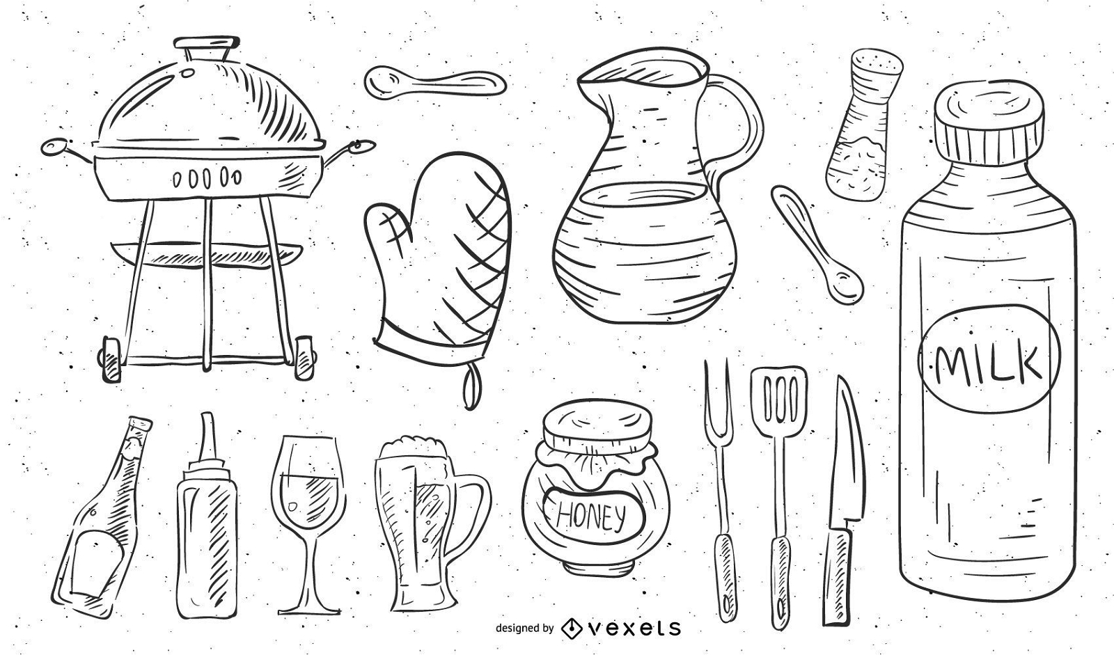 Vetor de elementos alimentares de cozinha de esboço de linha desenhado à mão
