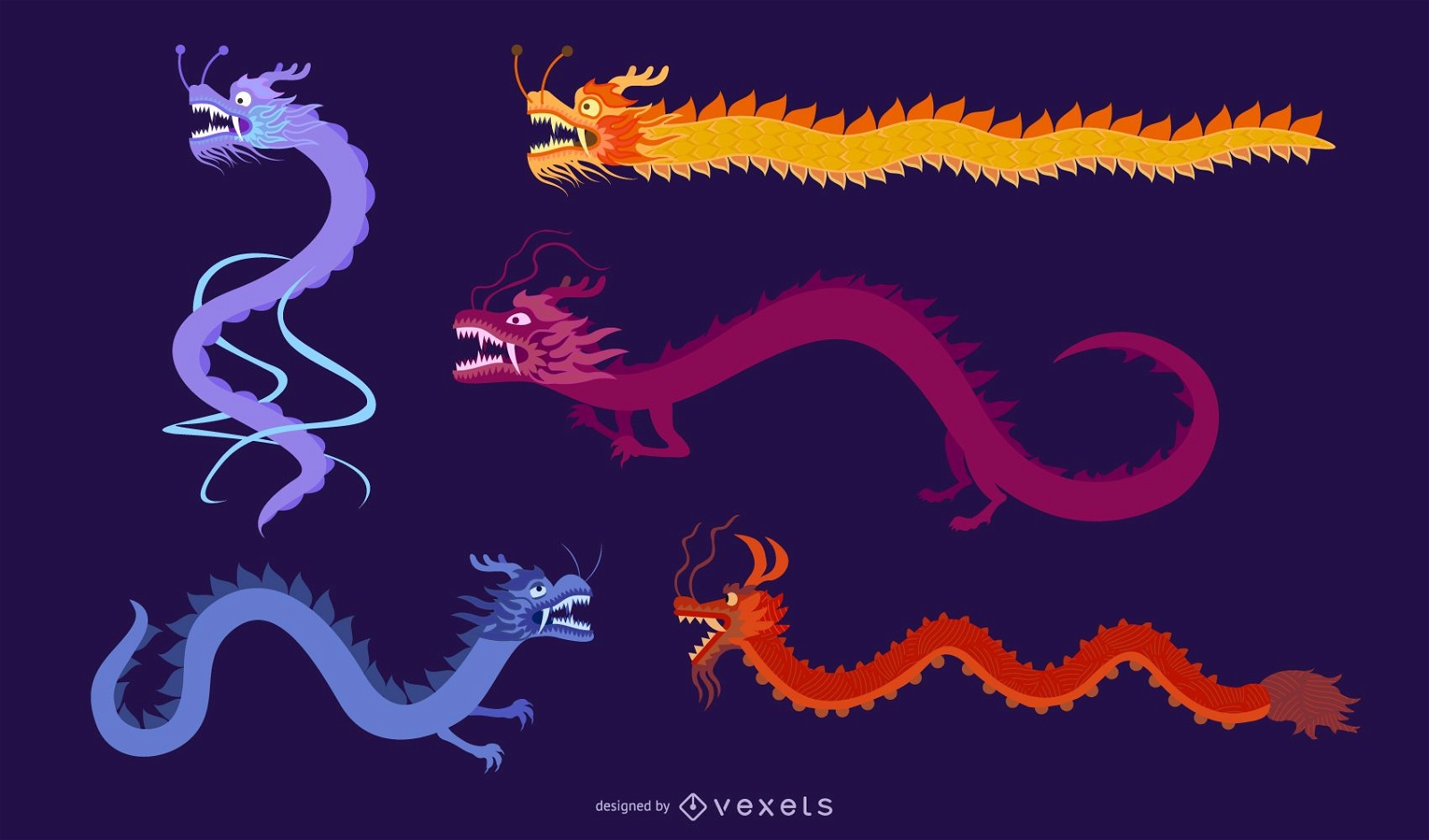 Vetor dos cinco dragões clássicos chineses