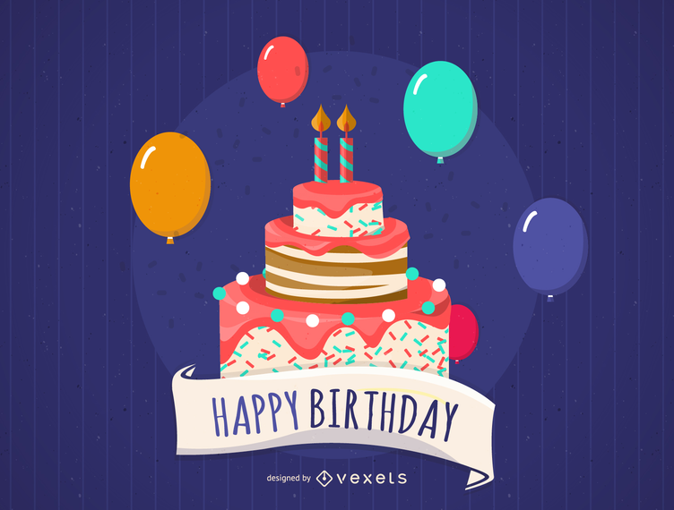 Happy Birthday With Balloons And Cake Vector Download