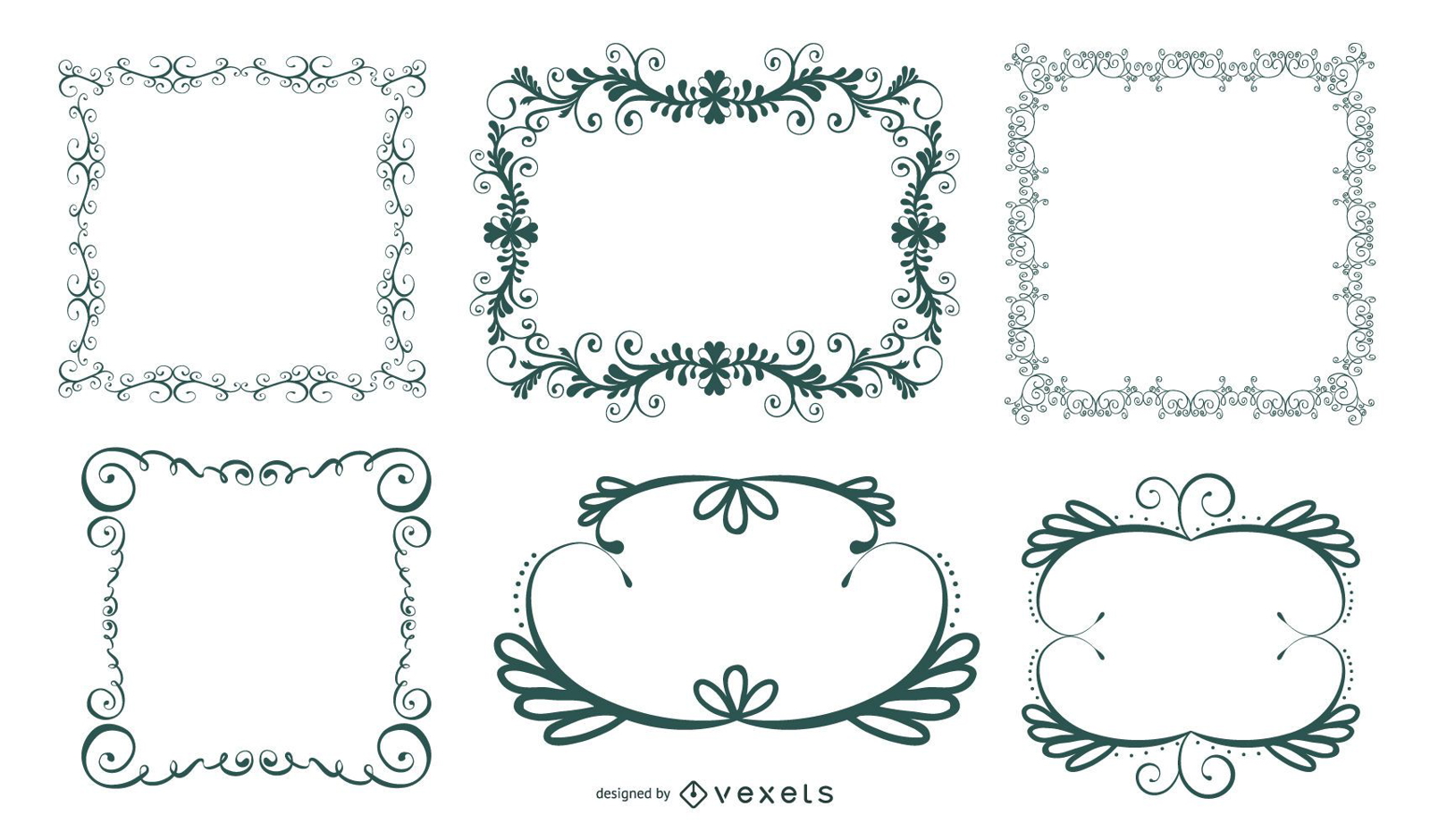 Conjunto de marco ornamental floral y swirly