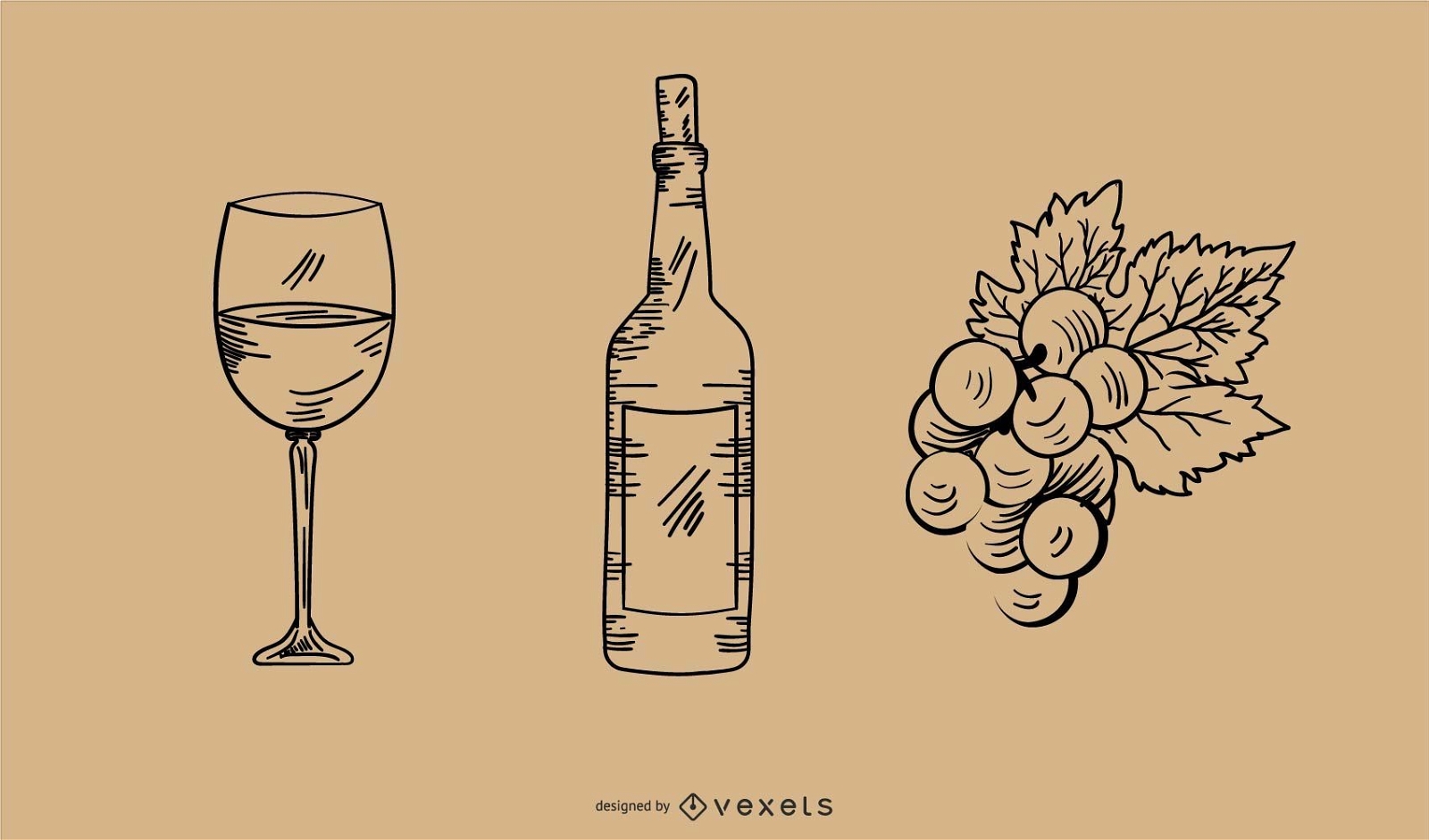 Conjunto de elementos de vino dibujados a mano