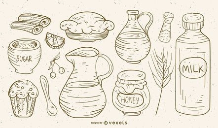 Conjunto de alimentos e ingredientes dibujados a mano