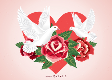 Roses And Pigeons Vector Illustration