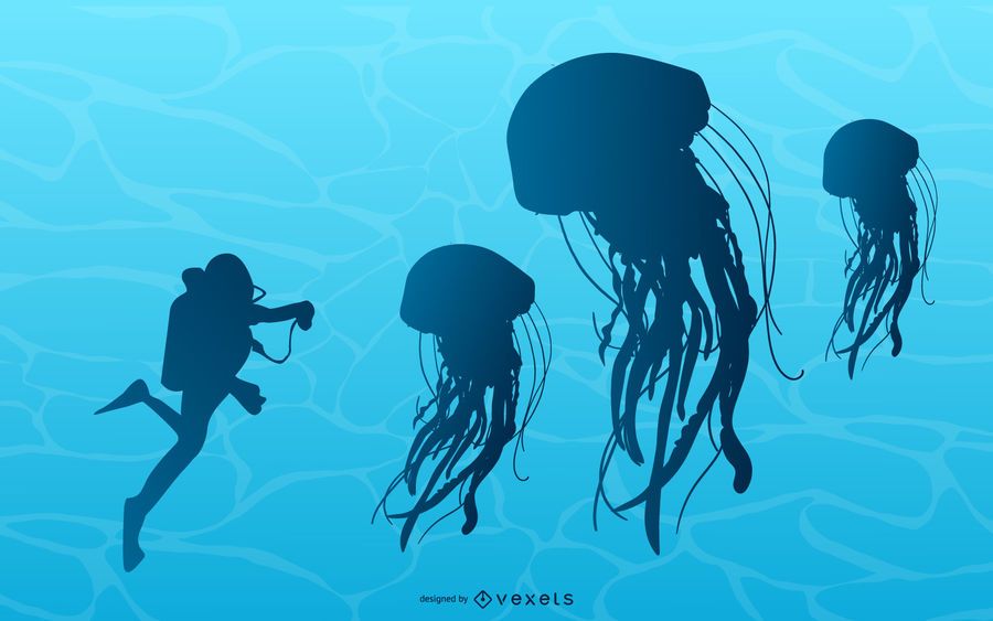 Ilustración de medusas junto a buzo. Ilustración de medusas junto a buzo.