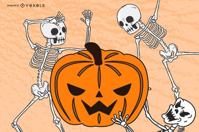 Ilustración de calabaza y esqueletos