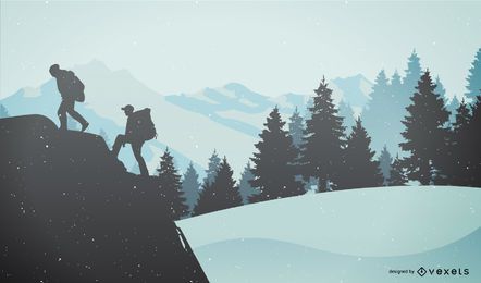 Silueta de personas de senderismo de invierno