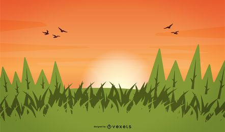Vector Hierba Árboles Atardecer Cielo