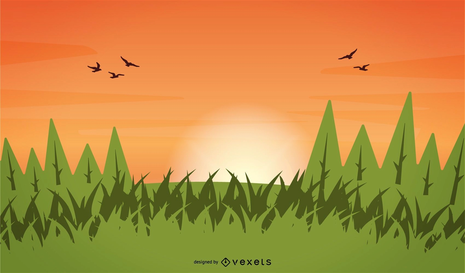 Vector Grass Trees Sunset Sky