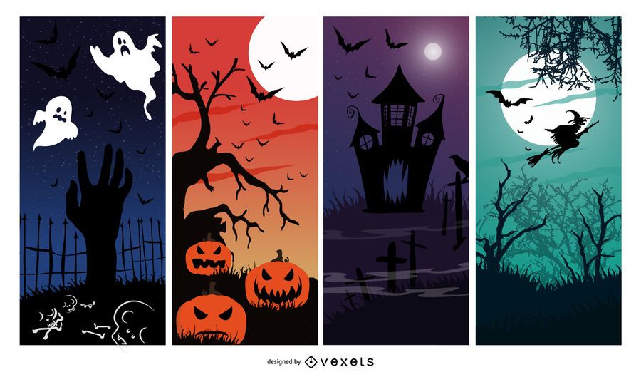 Conjunto de 4 banners de halloween. Conjunto de 4 banners de halloween.