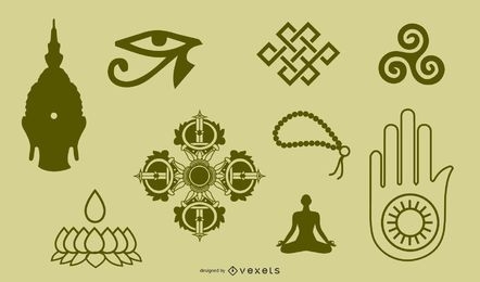 Símbolos e objetos do budismo tibetano Figura de doze objetos portáteis para identificação e etiqueta vetorial
