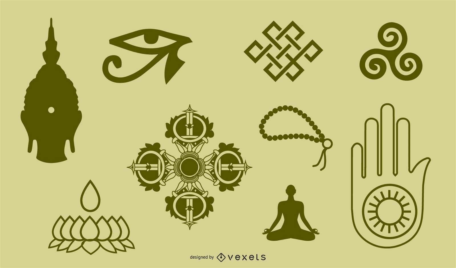 Tibetisch-buddhistische Symbole und Objekte Abbildung von zw?lf Handobjekten zur Identifizierung und Etikette Vektor