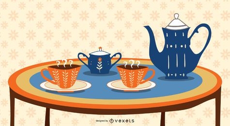desenho de ilustração de jogo de chá