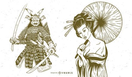 Geisha And Samurai Hand Drawn