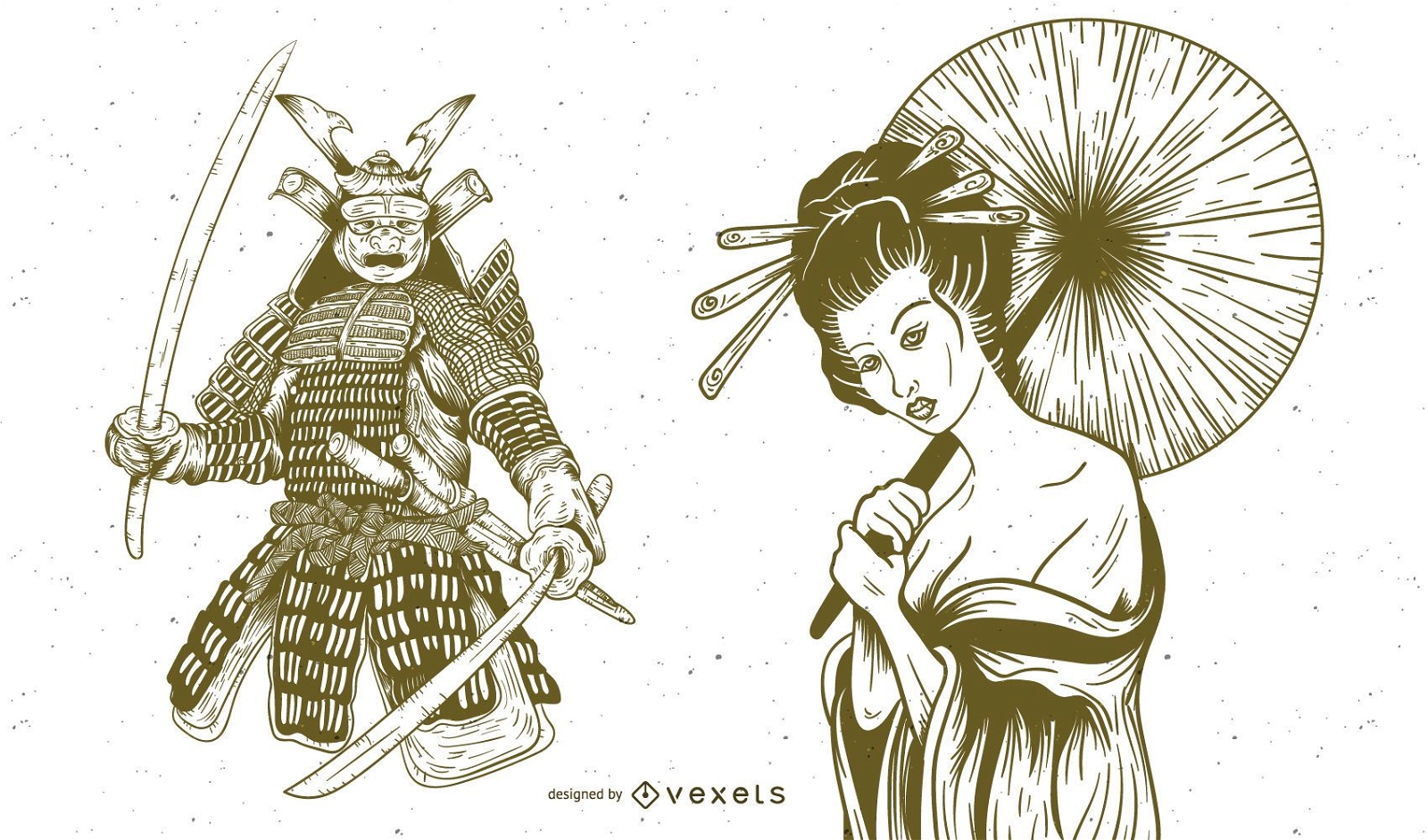 Geisha und Samurai Hand gezeichnet
