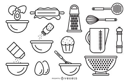 Line Drawing Of Food And Kitchen Utensils Vector