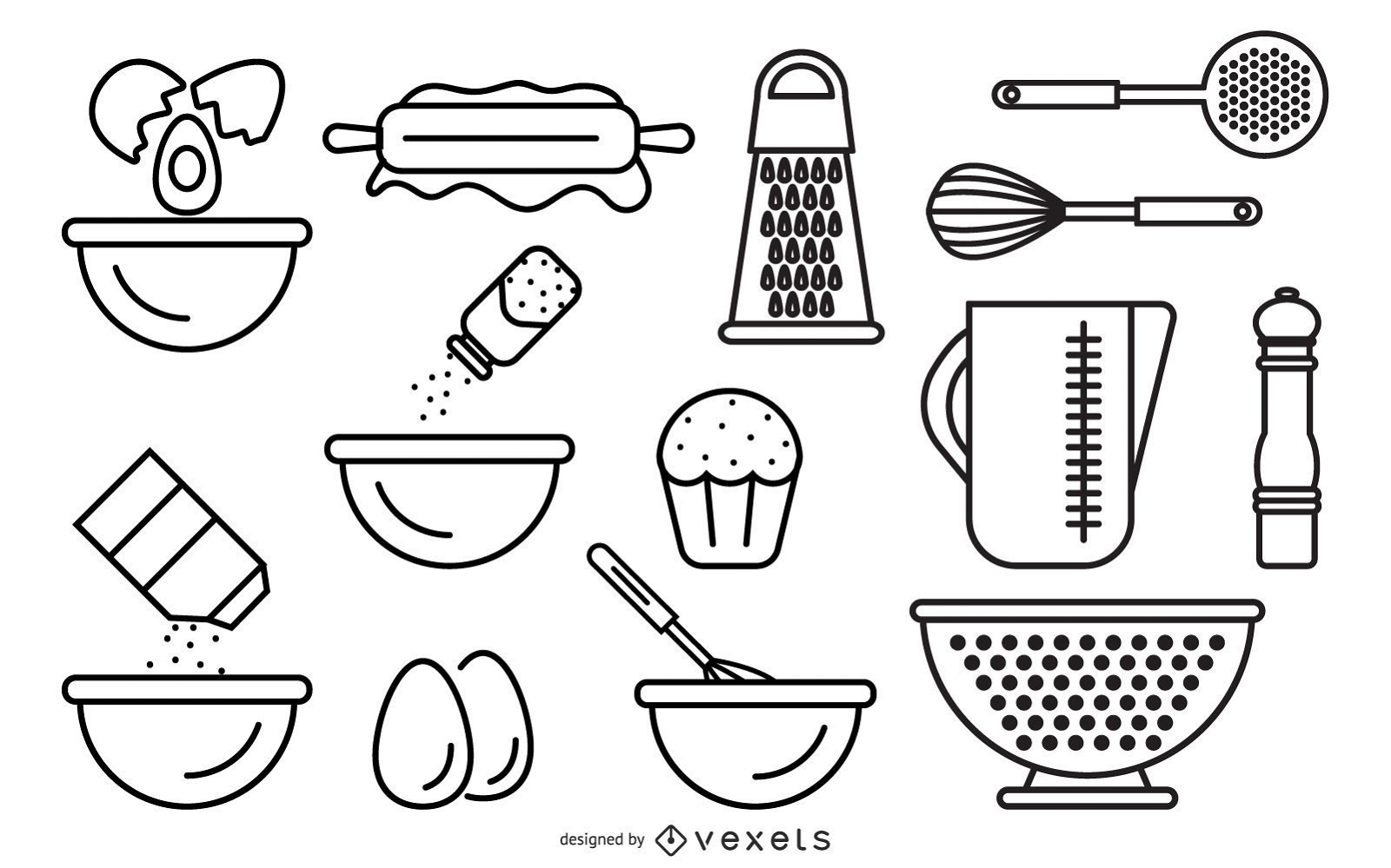 Desenho de linha de vetor de utensílios de cozinha e alimentos