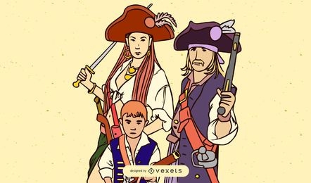 Vector Retrato Familia Piratas Sombrero Paja Una Pieza