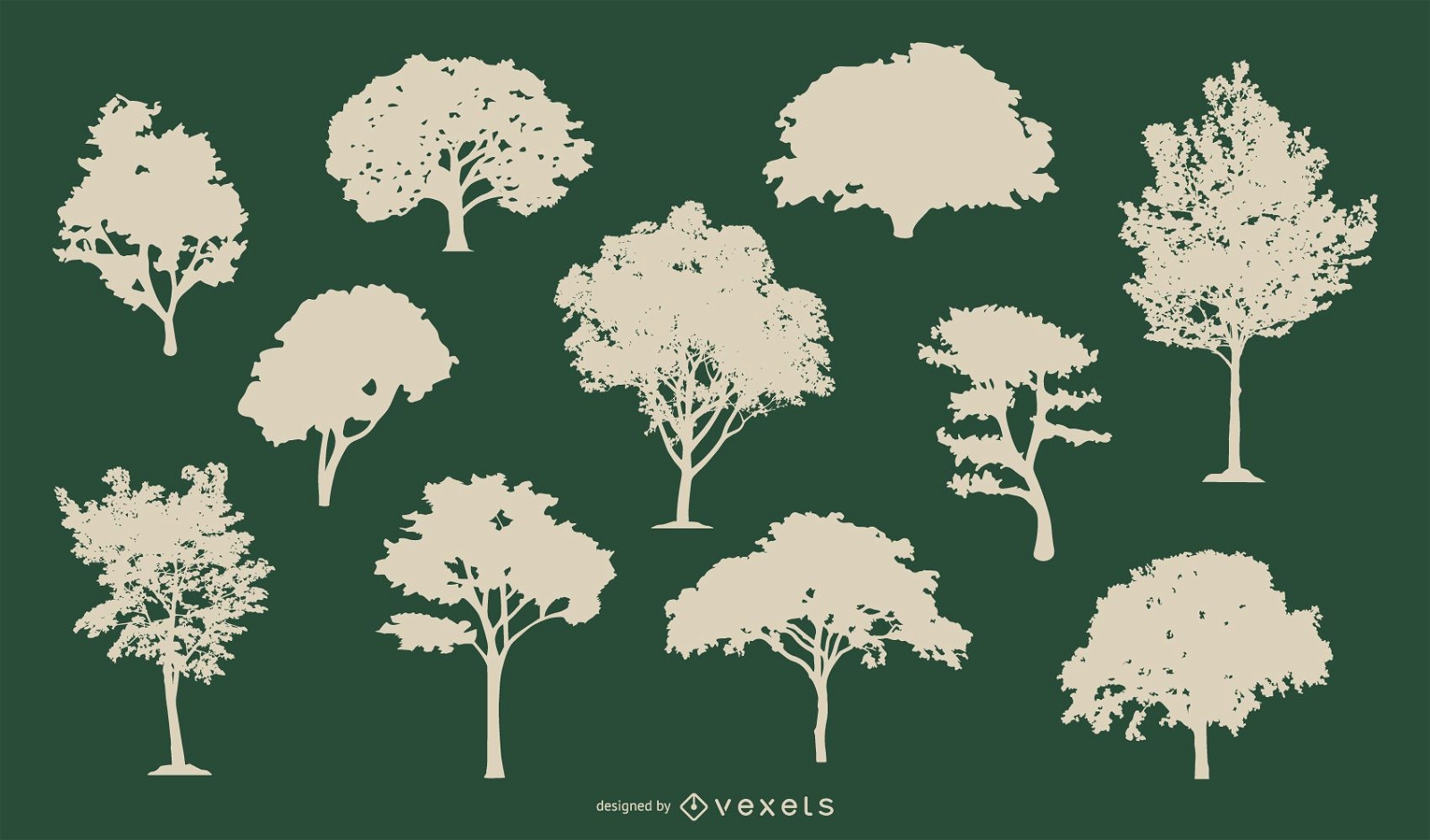 Conjunto de silhuetas de árvores frondosas