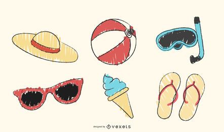 Conjunto de elementos de verão desenhados à mão
