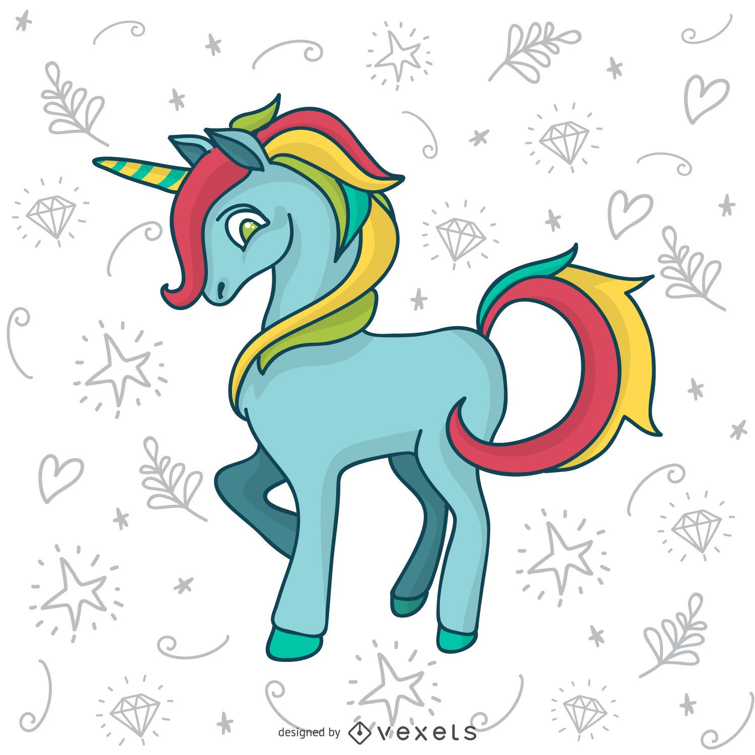 Dibujo de doodle de unicornio colorido