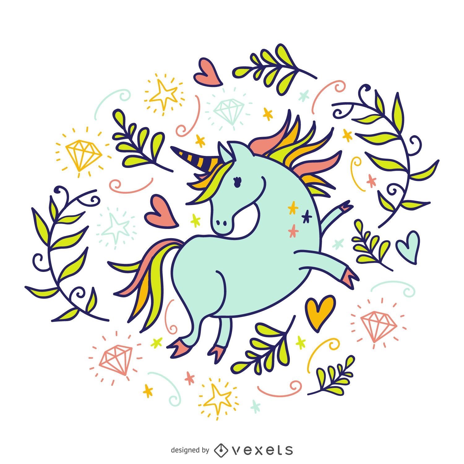 Doodled unicorn with elements