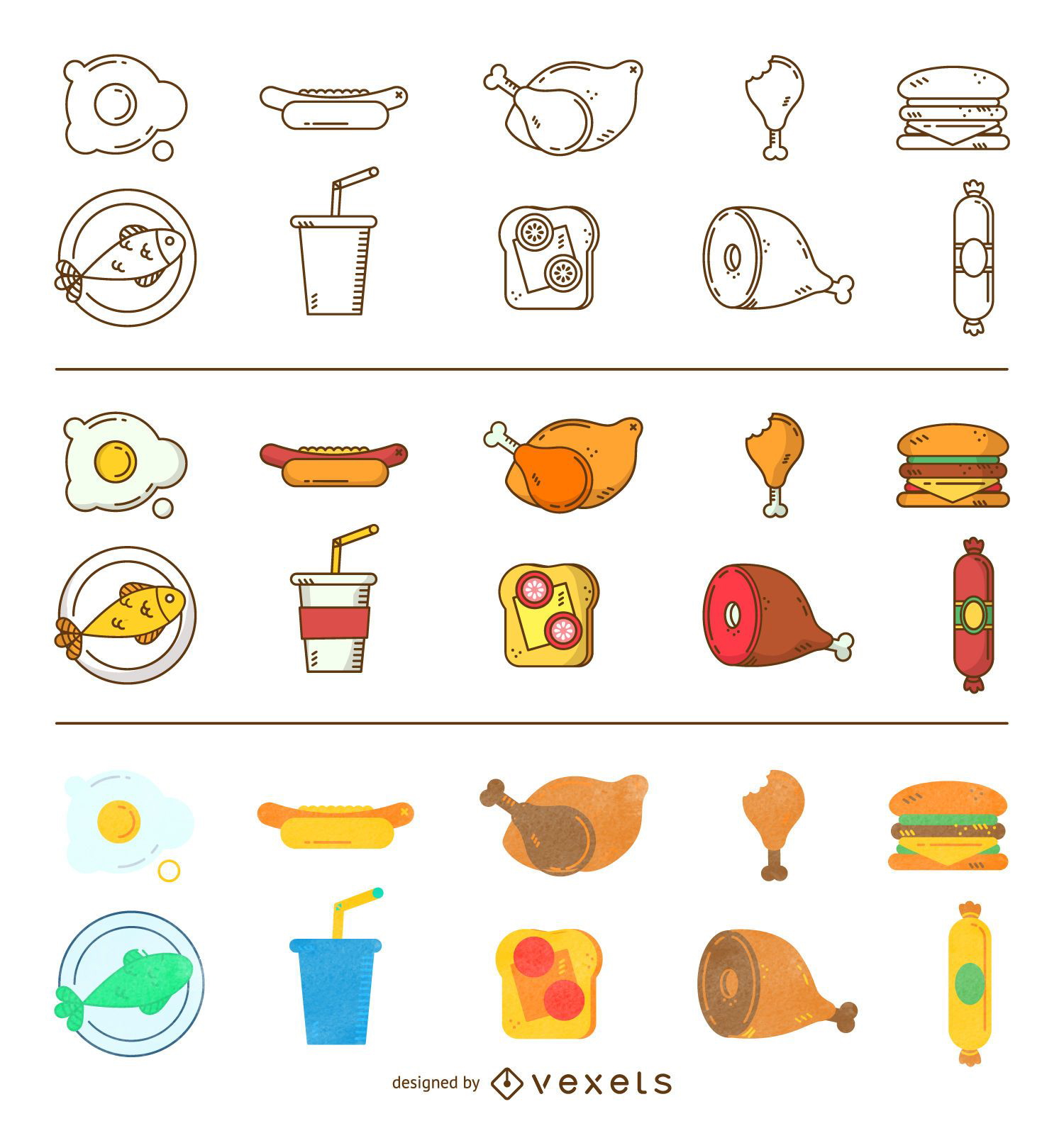 Conjunto de ícones de comida de três estilos