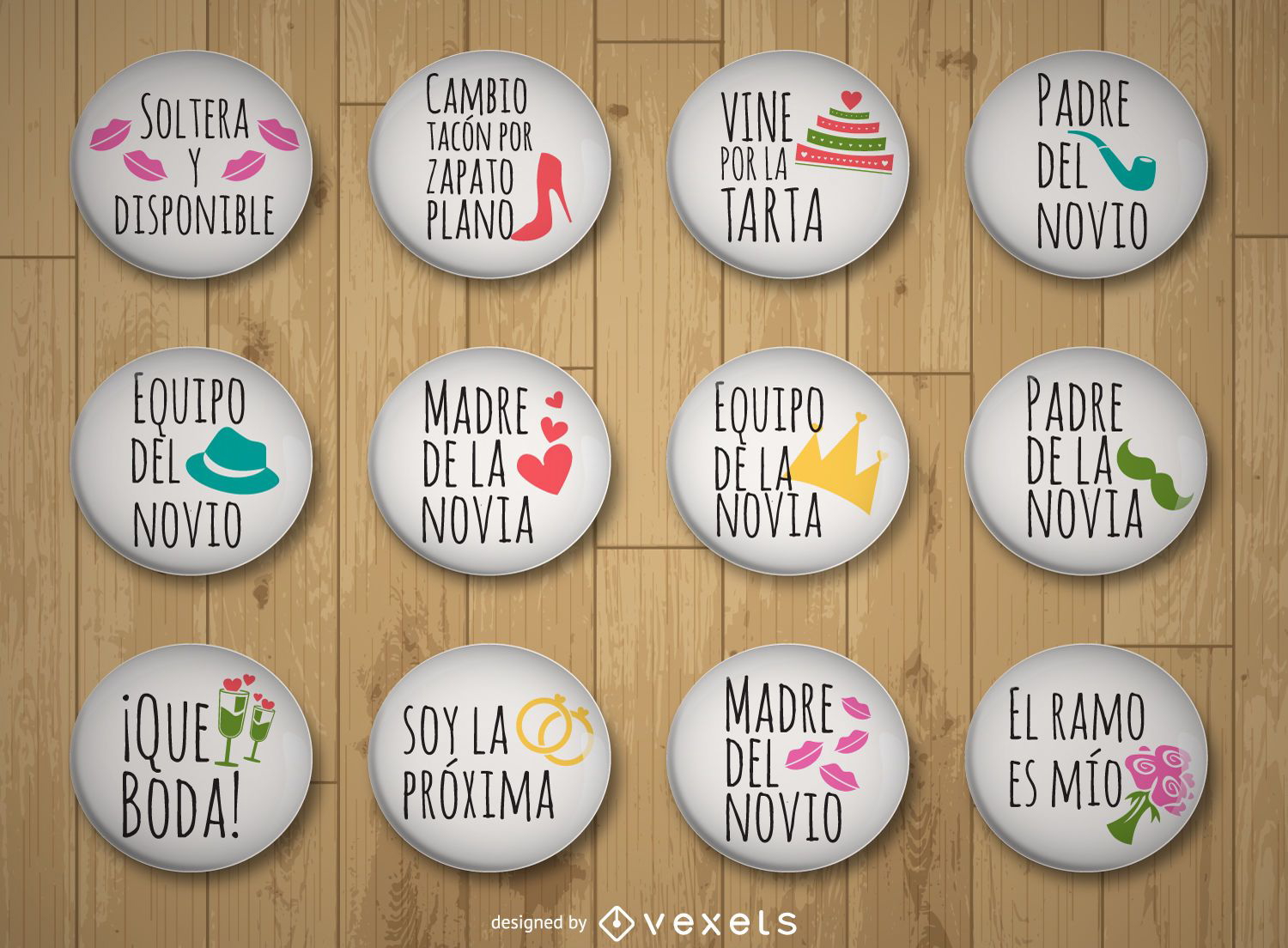 Colección de pins de boda en español