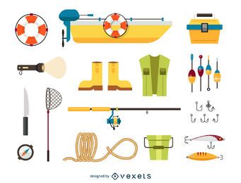 Conjunto de ícones de elementos de pesca Conjunto de ícones de elementos de pesca