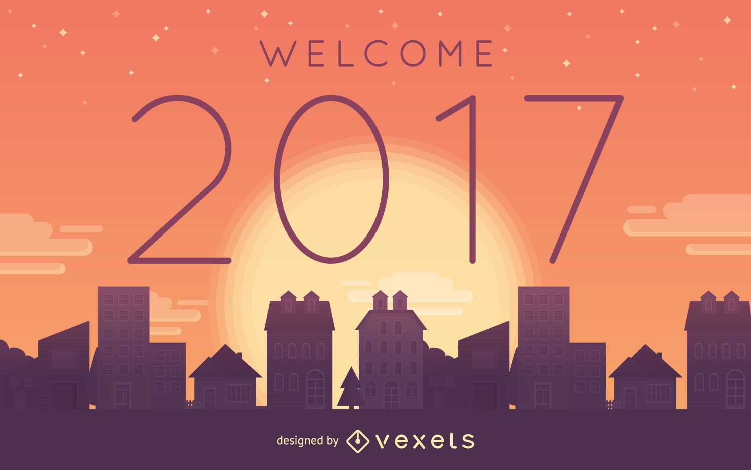 Bienvenido 2017 puesta de sol ilustración de la ciudad