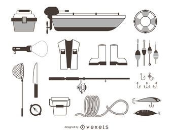 Fishing elements icons outline