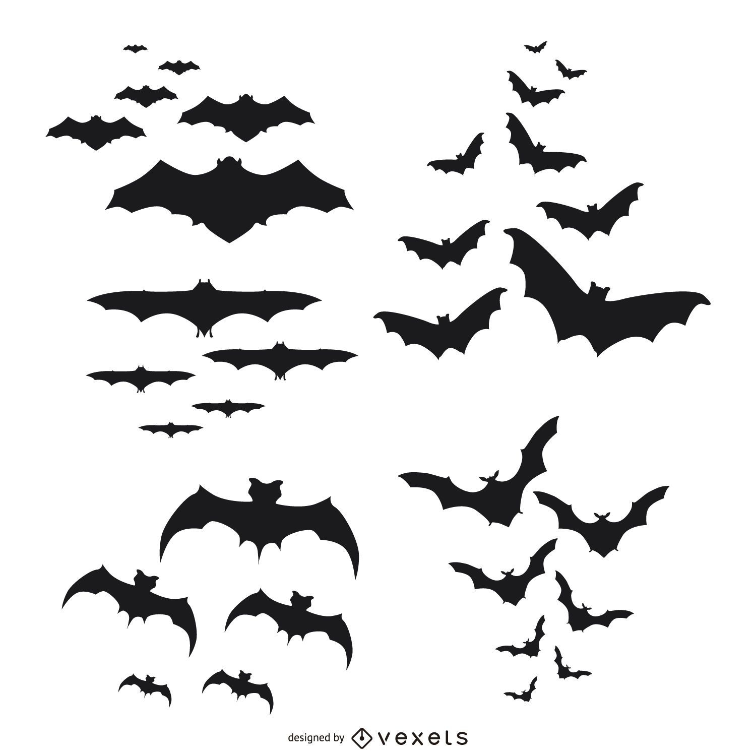 Conjunto de silhuetas de morcegos voando