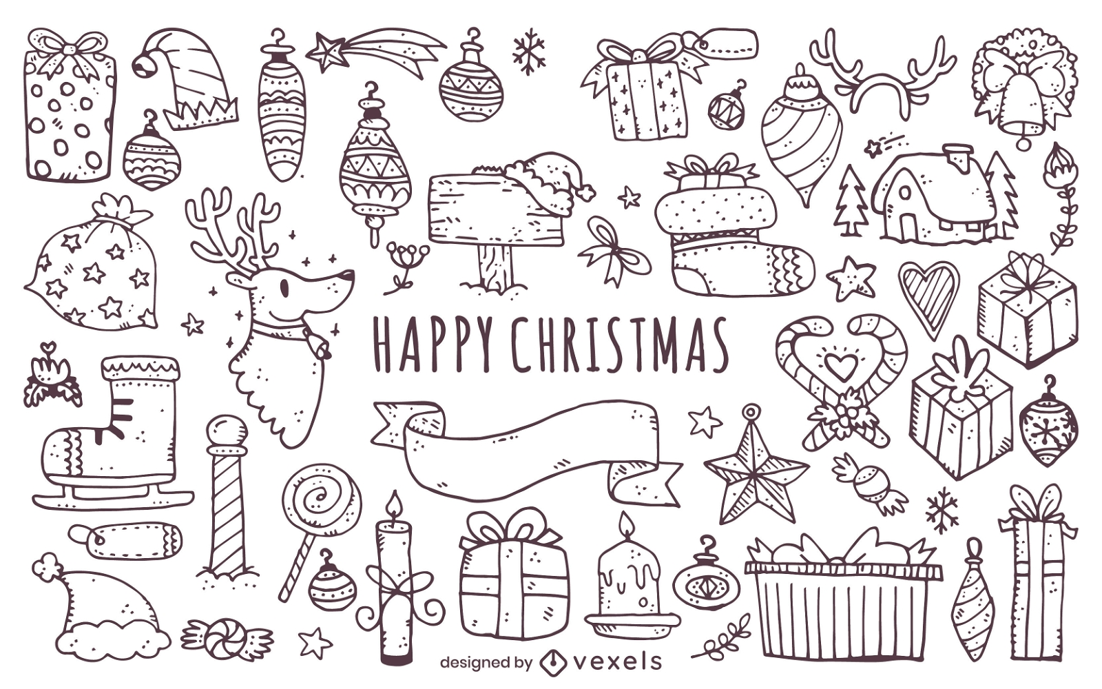Christmas elements doodles outlines set