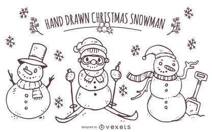 Conjunto de boneco de neve de Natal desenhado à mão