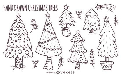 Conjunto de árvores de Natal desenhadas à mão