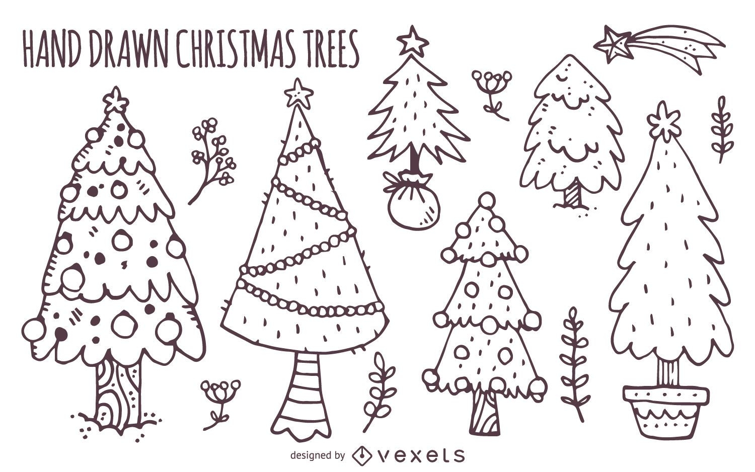 Hand drawn Christmas trees set