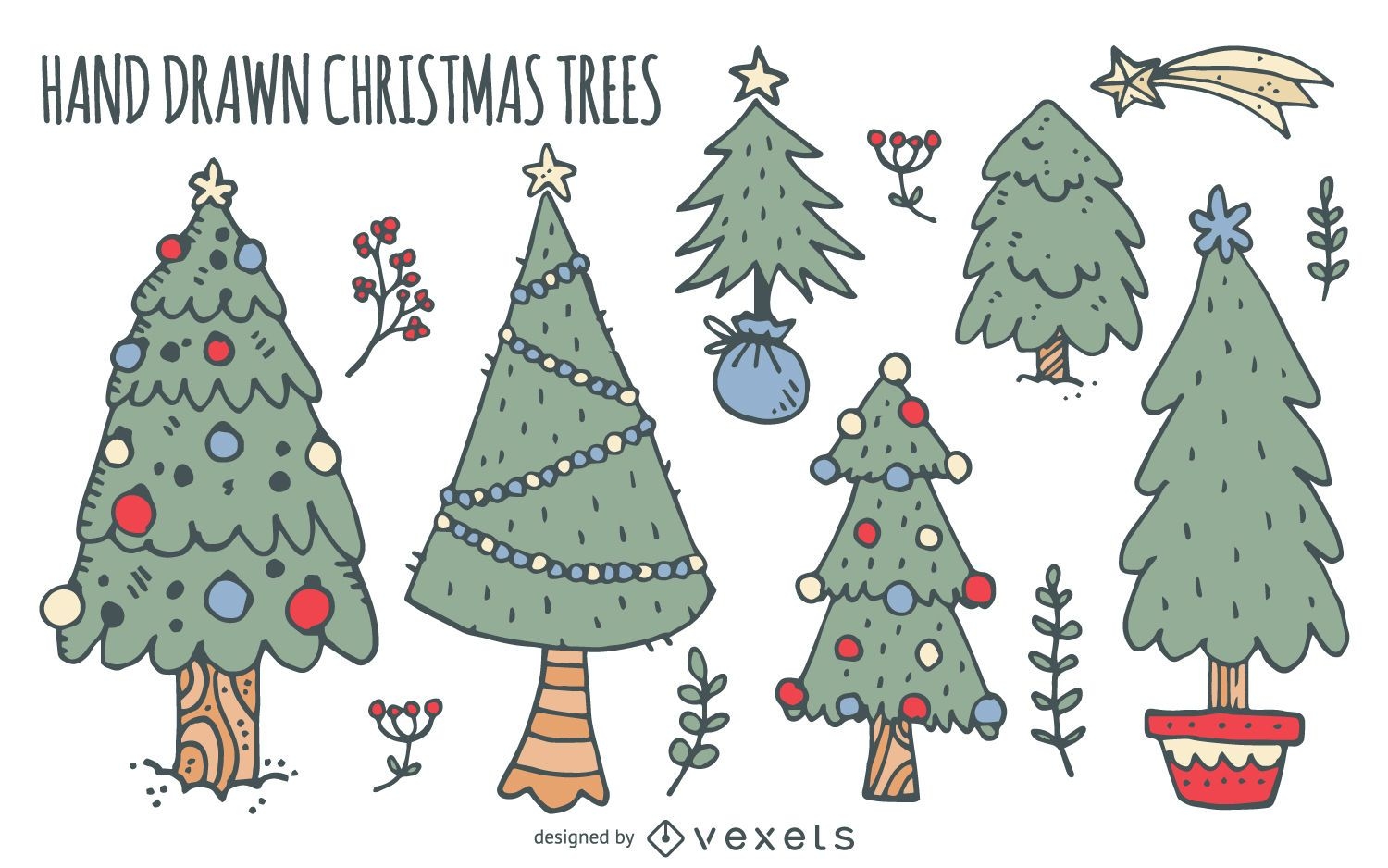 Christmas trees doodles set