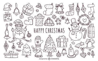 Christmas elements doodles icon set