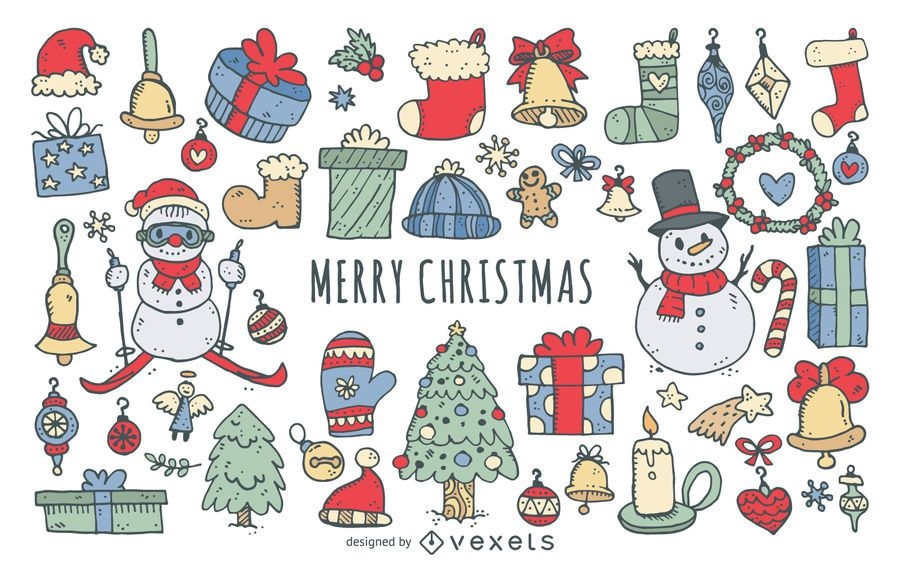 Colorful Christmas doodles collection - Vector download