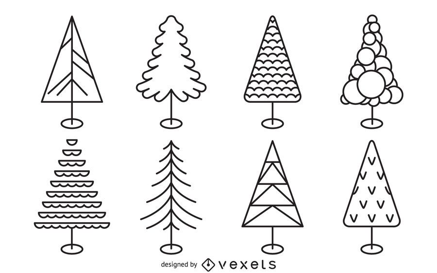Conjunto de contornos de árboles de Navidad plana Conjunto de contornos de árboles de Navidad plana