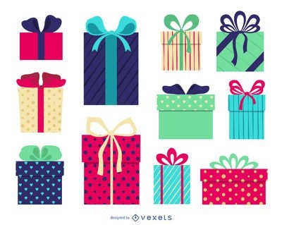 Hand drawn vintage gift box collection. engraved illustration of presents  isolated. icon set of present boxes with bow and ribbon. wrapped gifts  sketch. colorful line art. Silhouette of boxes. Stock Illustration by ©