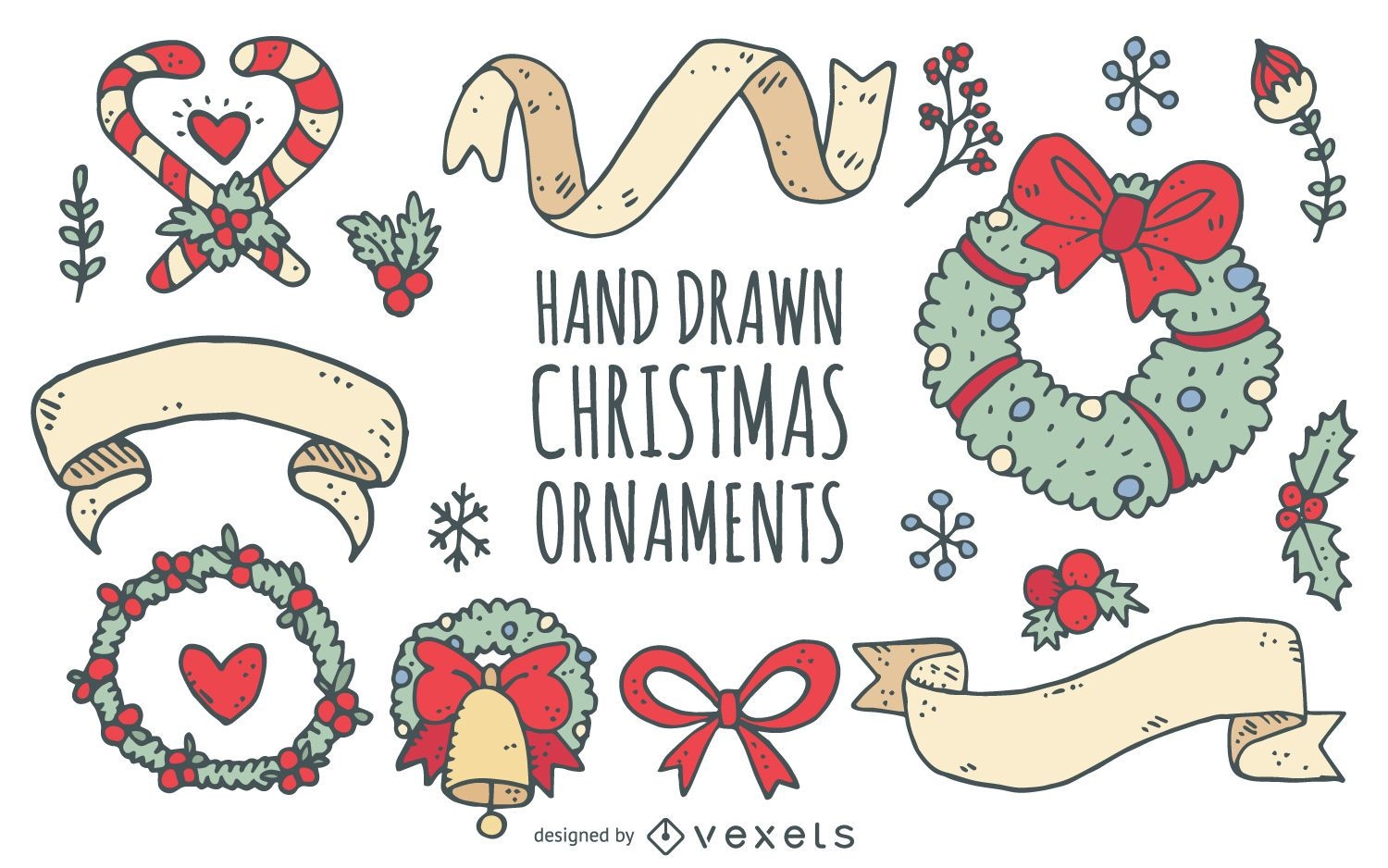 Christmas wreaths ribbons doodle collection