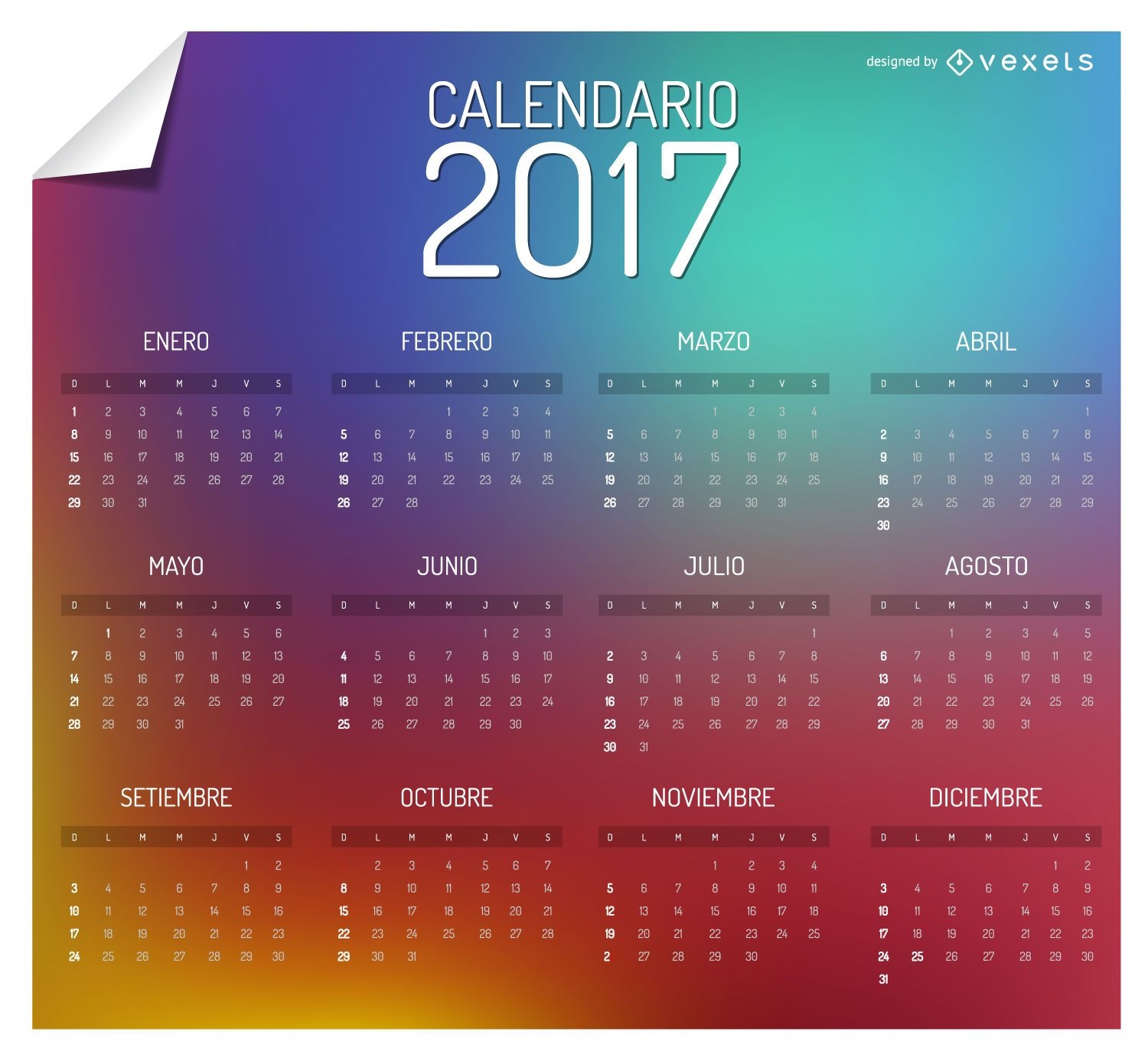 Calend?rio de 2017 colorido em espanhol
